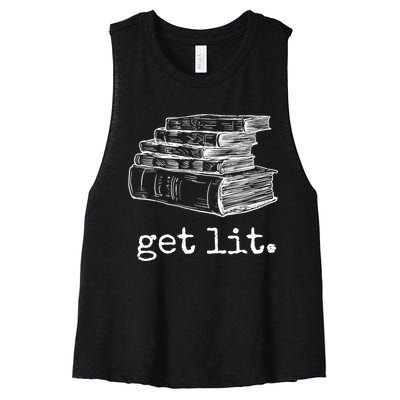 Get Lit With Books Funny Meme Gift For Book Lover, Reading TShirt Women's Racerback Cropped Tank