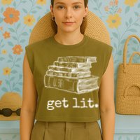 Get Lit With Books Funny Meme Gift For Book Lover, Reading TShirt Garment-Dyed Women's Muscle Tee