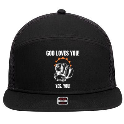 God Loves You Christian Faithful Funny Gift Jesus Religious Halo Gift 7 Panel Mesh Trucker Snapback Hat