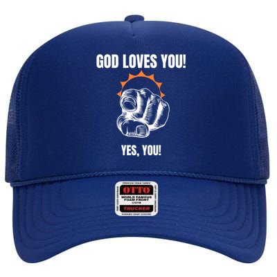 God Loves You Christian Faithful Funny Gift Jesus Religious Halo Gift High Crown Mesh Back Trucker Hat