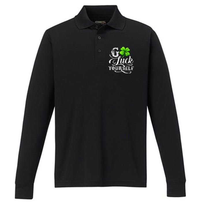 Go Luck Yourself St Patricks Day Lucky Clover Irish Performance Long Sleeve Polo