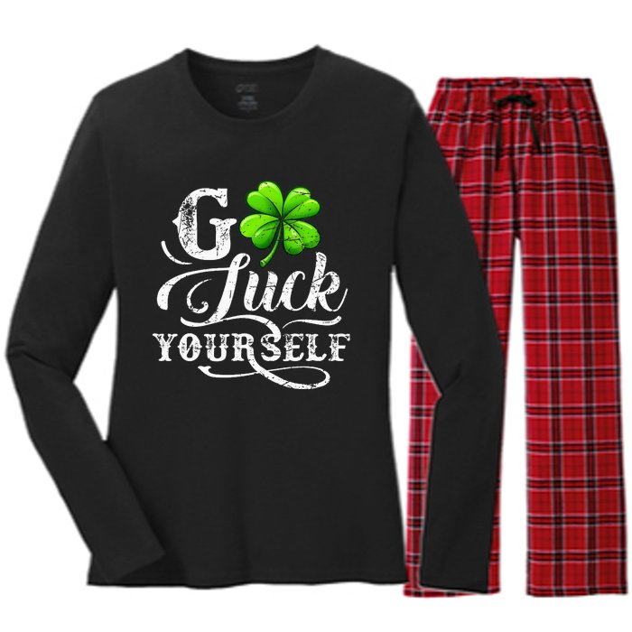 Go Luck Yourself St Patricks Day Lucky Clover Irish Women's Long Sleeve Flannel Pajama Set 