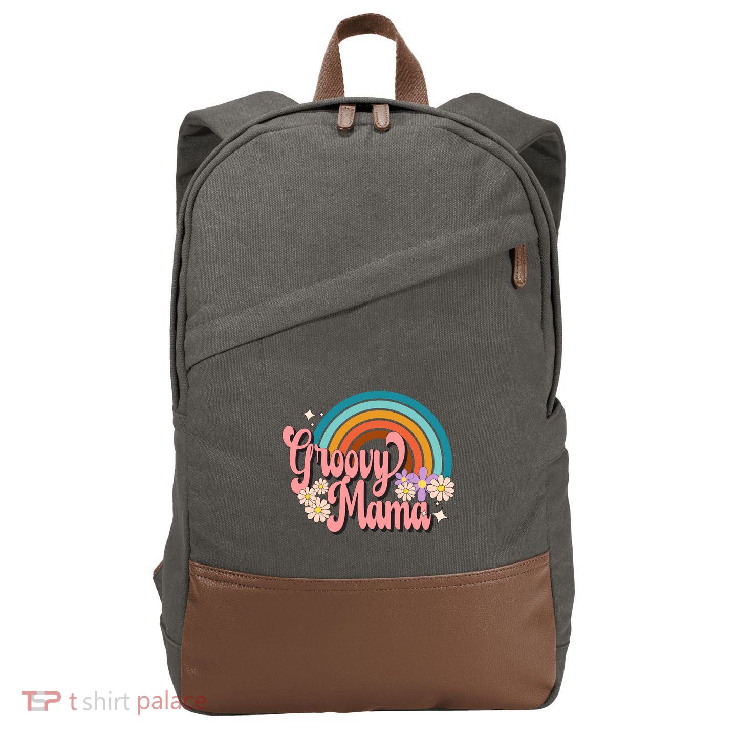 Groovy Mama 70s Retro Hippie 70s Floral Rainbow Mom Style Cotton Canvas Backpack