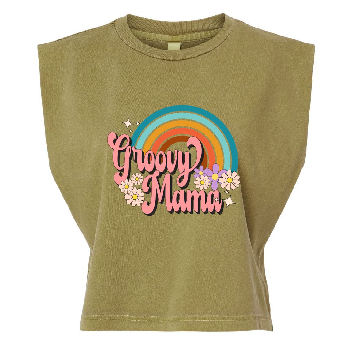 Groovy Mama 70s Retro Hippie 70s Floral Rainbow Mom Style Garment-Dyed Women's Muscle Tee