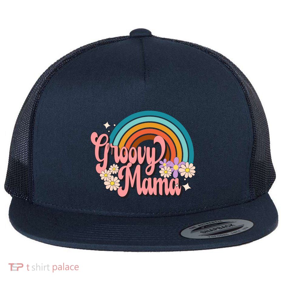 Groovy Mama 70s Retro Hippie 70s Floral Rainbow Mom Style Flatbill Hat