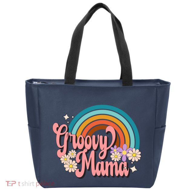 Groovy Mama 70s Retro Hippie 70s Floral Rainbow Mom Style Zip Tote Bag