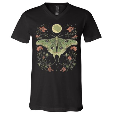 Goblincore Moth And Butterfly Moonphases Flowers Cottagecore V-Neck T-Shirt