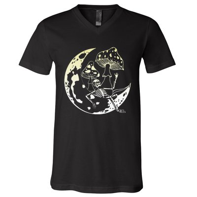 Goblincore Moon Aesthetic Mushroom Skeleton V-Neck T-Shirt