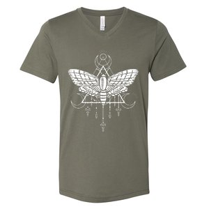 Goth Moth And Crescent Moon Creepy V-Neck T-Shirt