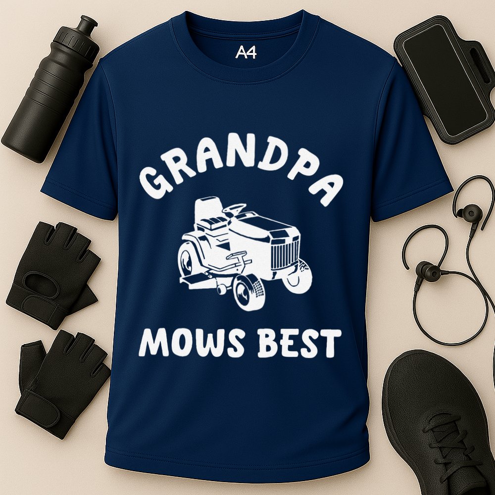 Grandpa Mows Best Lawn Mowing Mower Gardening Landscaping Cooling Performance Crew T-Shirt
