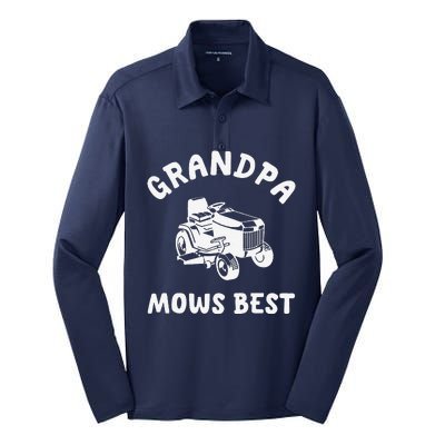 Grandpa Mows Best Lawn Mowing Mower Gardening Landscaping Silk Touch Performance Long Sleeve Polo