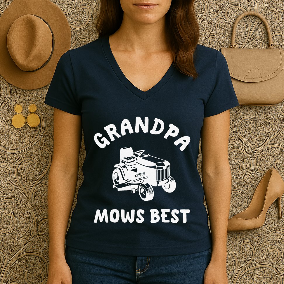 Grandpa Mows Best Lawn Mowing Mower Gardening Landscaping Women's V-Neck T-Shirt