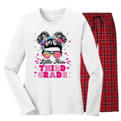 Groovy Messy Bun Little Miss Third Grade First Day Of School Women's Long Sleeve Flannel Pajama Set 