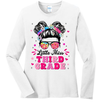 Groovy Messy Bun Little Miss Third Grade First Day Of School Ladies Long Sleeve Shirt