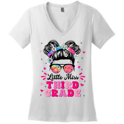 Groovy Messy Bun Little Miss Third Grade First Day Of School Women's V-Neck T-Shirt