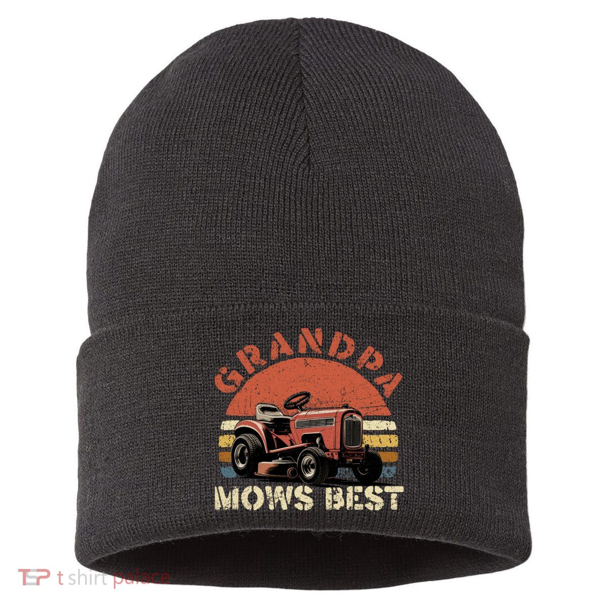 Grandpa Mows Best Lawn Mowing Mower Gardening Landscaping Sustainable Knit Beanie