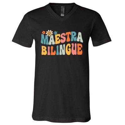 Groovy Maestra Bilingue Spanish Teacher Retro V-Neck T-Shirt