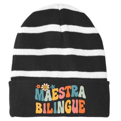 Groovy Maestra Bilingue Spanish Teacher Retro Striped Beanie with Solid Band