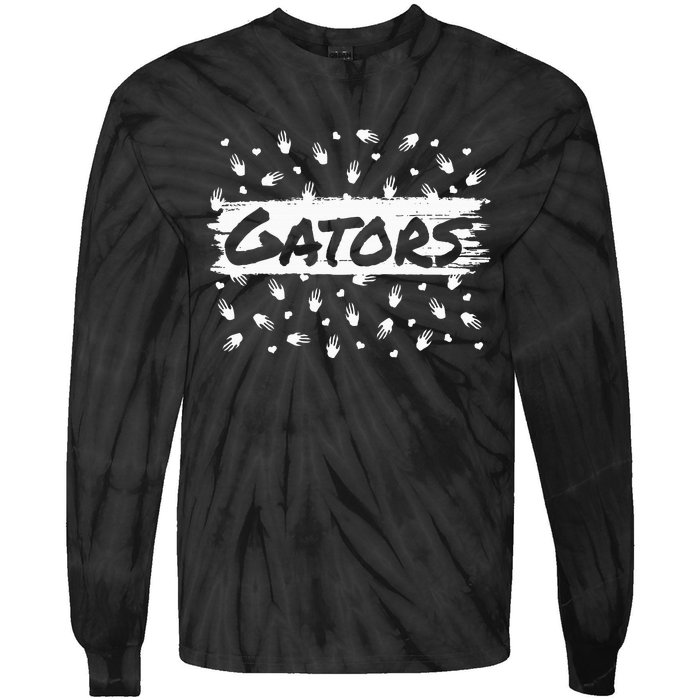 Gators Mascot Back To School Spirit Footprint Heart Leopard Tie-Dye Long Sleeve Shirt