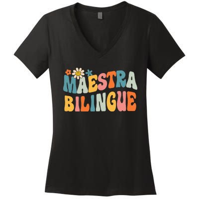 Groovy Maestra Bilingue Spanish Teacher Retro Women's V-Neck T-Shirt