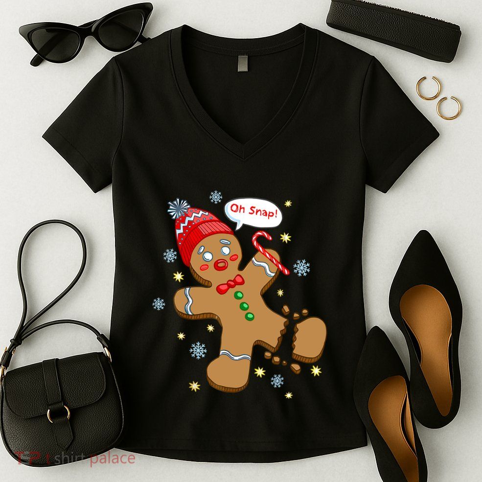 Gingerbread Man Cookie Xmas Oh Snap Funny Cute Christmas Women's V-Neck T-Shirt