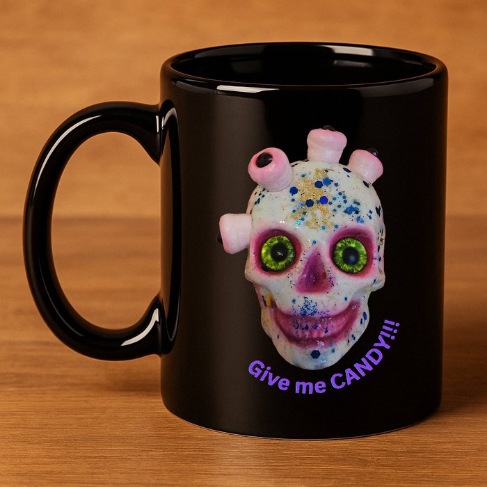 Give Me Candy Crazy Wildeyed Skull Face .Png 11oz C Handle Ceramic Mug