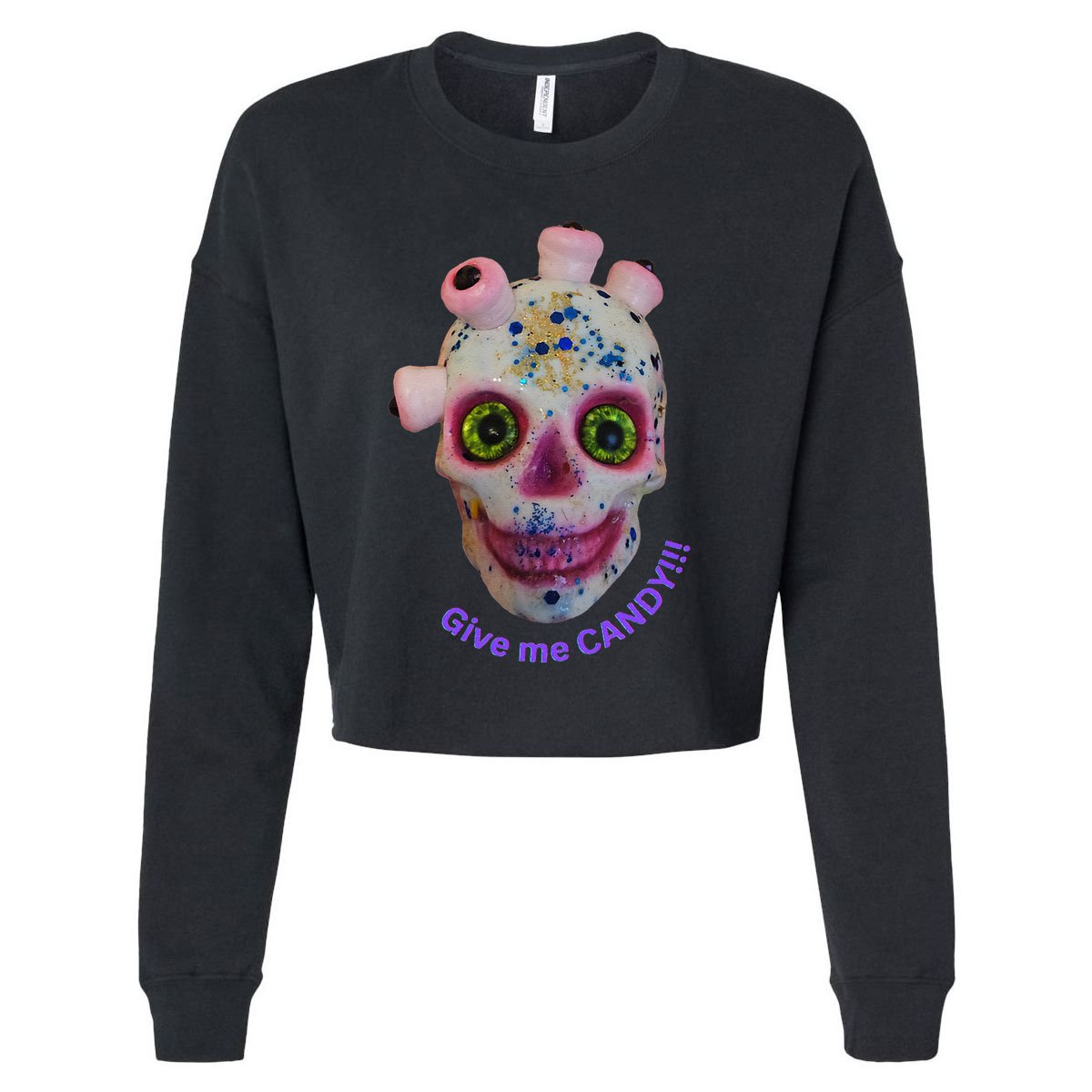 Give Me Candy Crazy Wildeyed Skull Face .Png Cropped Pullover Crew