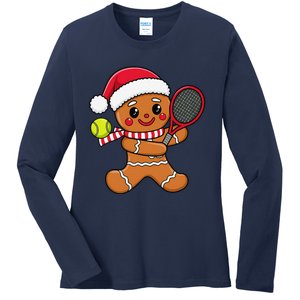 Gingerbread Man Christmas Tennis Ball Player Lover Xmas Ladies Long Sleeve Shirt