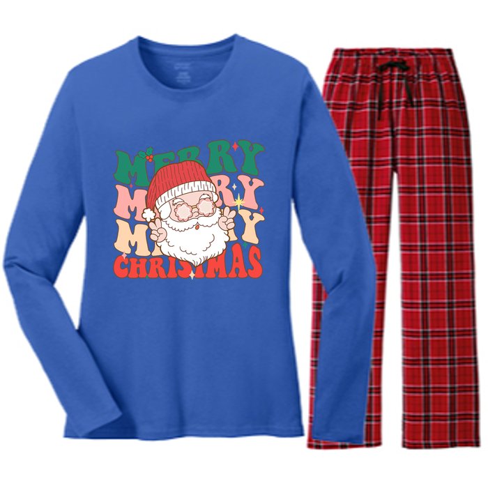 Groovy Merry Christmas Stacked Retro Santa Face Family Xmas Gift Women's Long Sleeve Flannel Pajama Set 