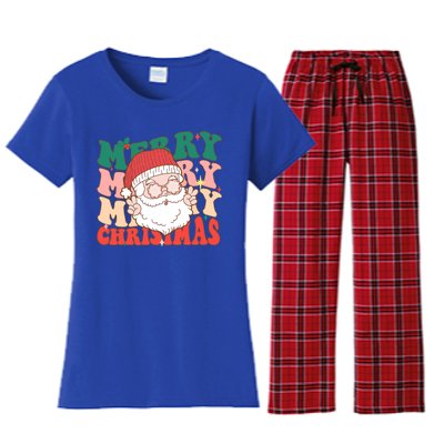 Groovy Merry Christmas Stacked Retro Santa Face Family Xmas Gift Women's Flannel Pajama Set