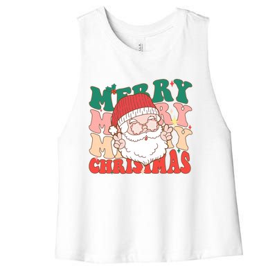 Groovy Merry Christmas Stacked Retro Santa Face Family Xmas Gift Women's Racerback Cropped Tank