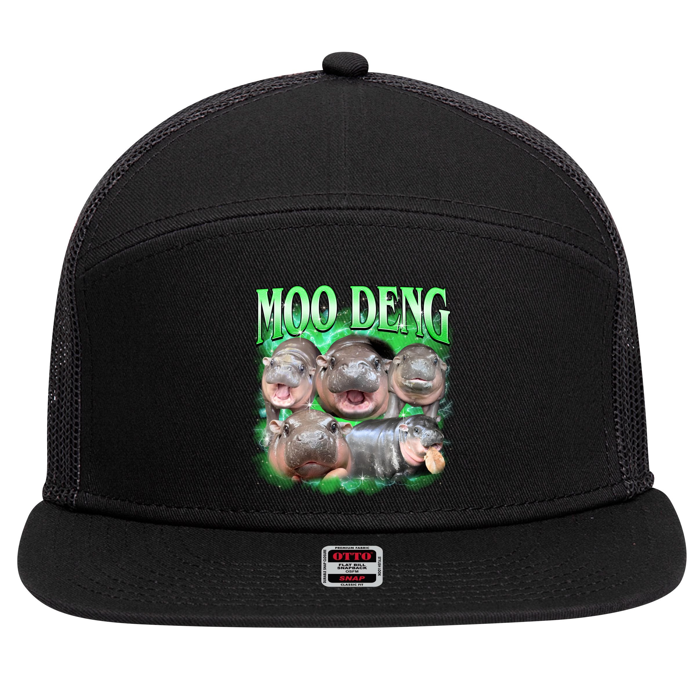 Green Moo Deng Meme Hippo 7 Panel Mesh Trucker Snapback Hat