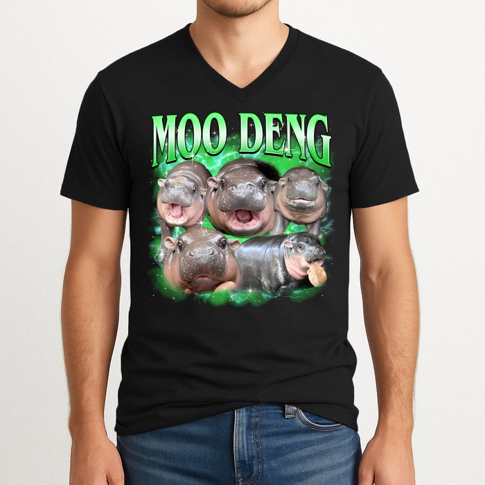 Green Moo Deng Meme Hippo V-Neck T-Shirt