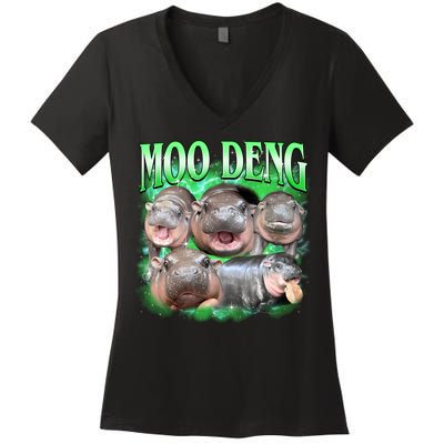 Green Moo Deng Meme Hippo Women's V-Neck T-Shirt