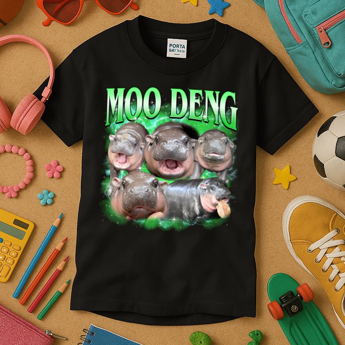Green Moo Deng Meme Hippo Kids T-Shirt