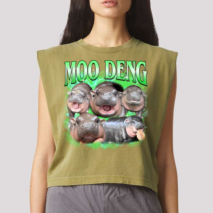 Green Moo Deng Meme Hippo Garment-Dyed Women's Muscle Tee
