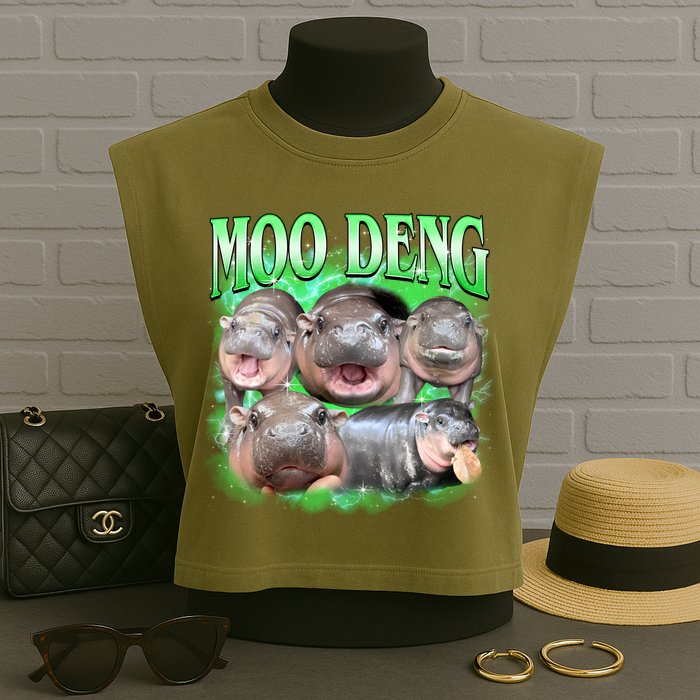 Green Moo Deng Meme Hippo Garment-Dyed Women's Muscle Tee