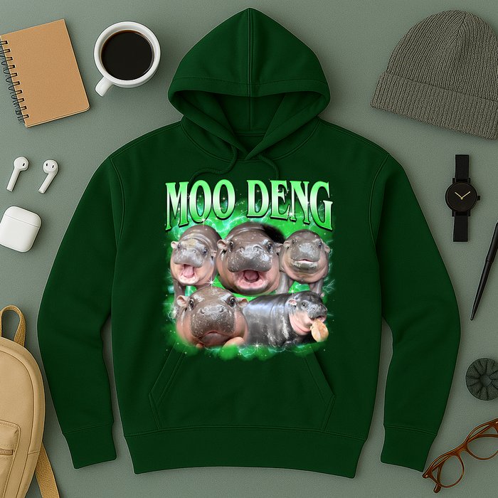 Green Moo Deng Meme Hippo Hoodie