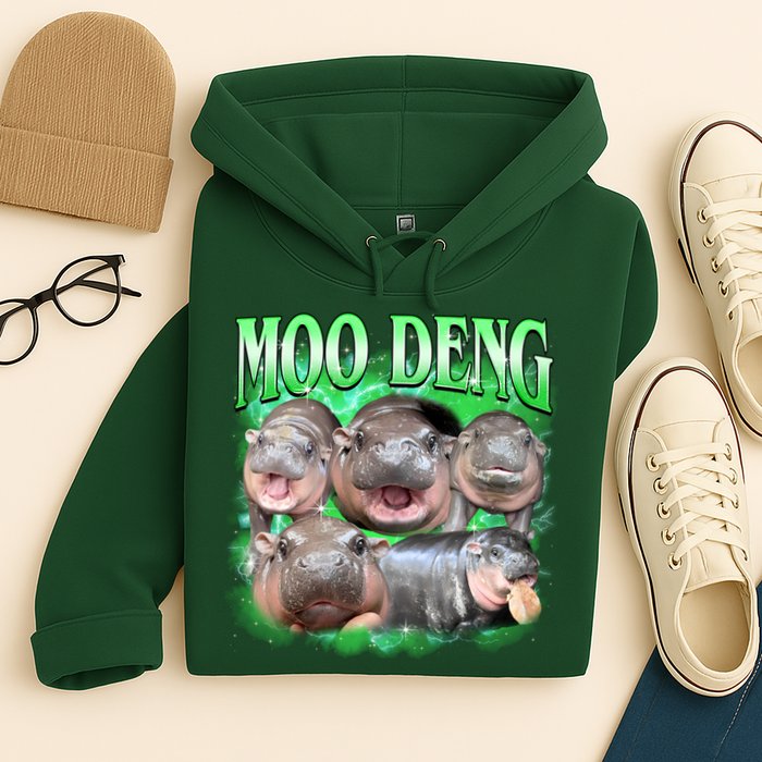Green Moo Deng Meme Hippo Hoodie