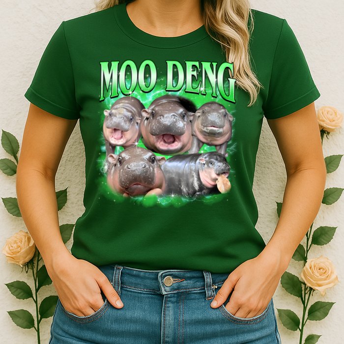 Green Moo Deng Meme Hippo Womens T-Shirt