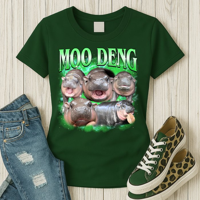 Green Moo Deng Meme Hippo Womens T-Shirt