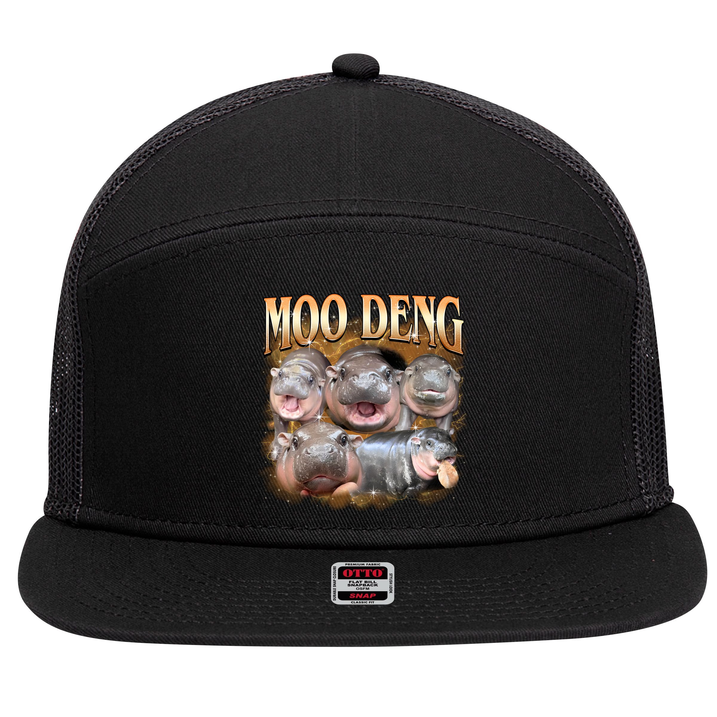 Gold Moo Deng Meme Hippo Funny 7 Panel Mesh Trucker Snapback Hat