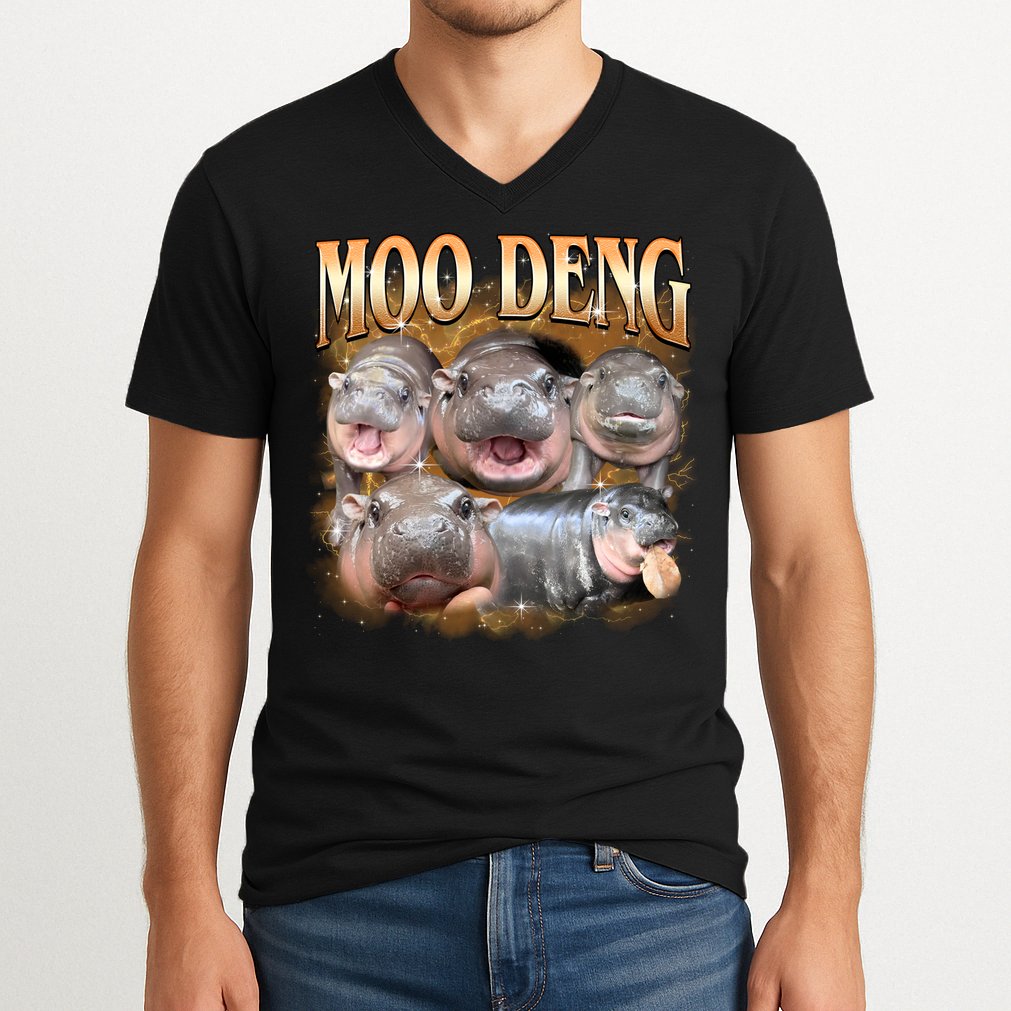 Gold Moo Deng Meme Hippo Funny V-Neck T-Shirt