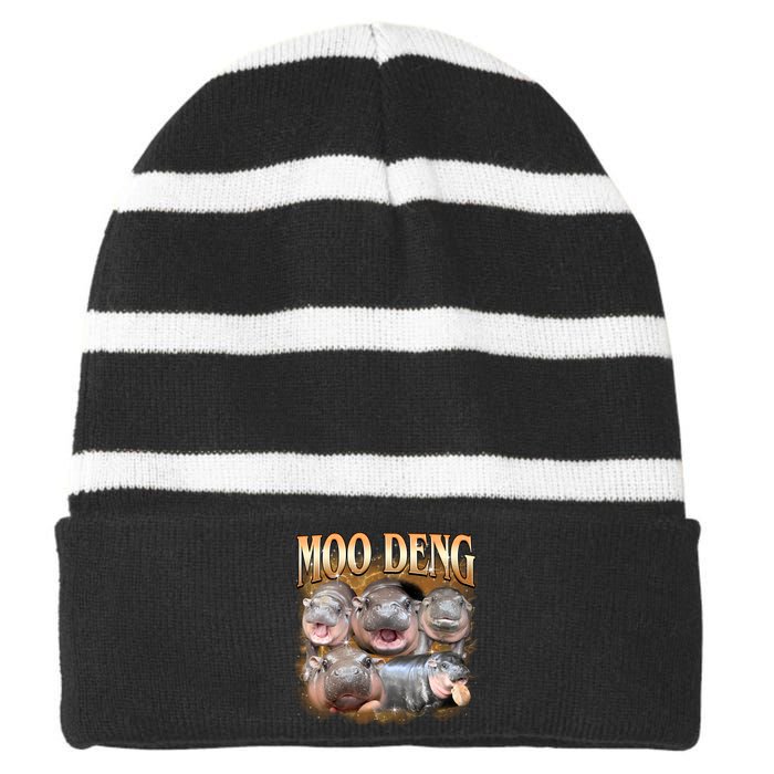 Gold Moo Deng Meme Hippo Funny Striped Beanie with Solid Band