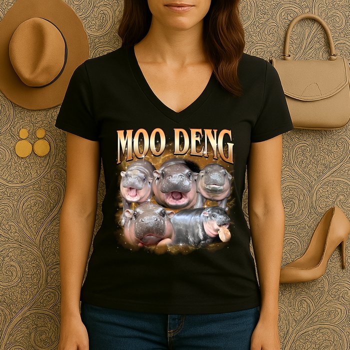 Gold Moo Deng Meme Hippo Funny Women's V-Neck T-Shirt