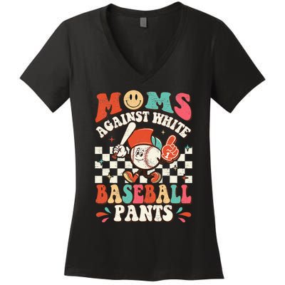 Groovy Mother's Day Hippie Moms Against White Baseball Pants Women's V-Neck T-Shirt