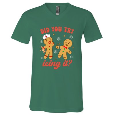 Gingerbread Man Did You Try Icing It Funny Christmas Nurse Gift V-Neck T-Shirt