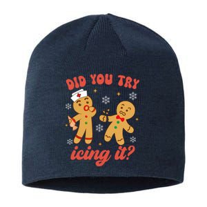 Gingerbread Man Did You Try Icing It Funny Christmas Nurse Gift Sustainable Beanie