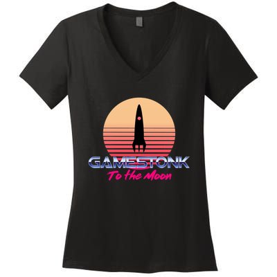 $GME Ticker Rocket Moon Gamestonk GME Gamestick Women's V-Neck T-Shirt