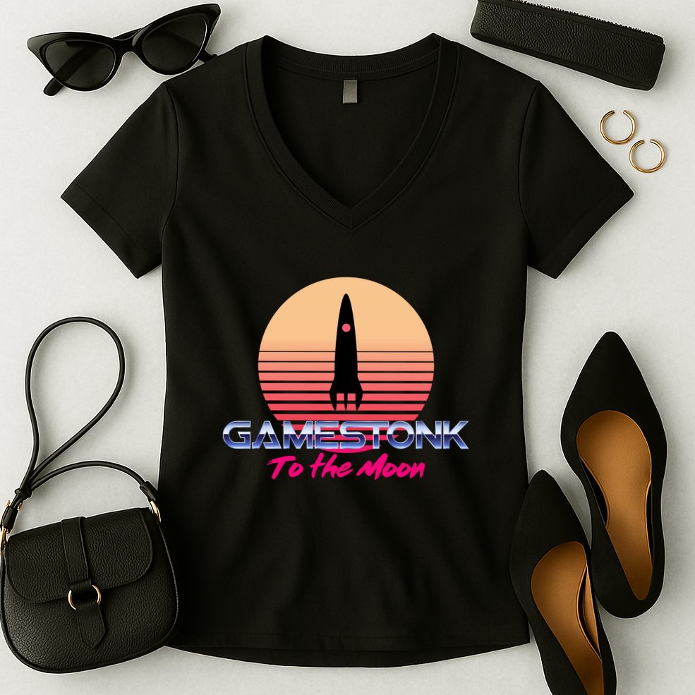 $GME Ticker Rocket Moon Gamestonk GME Gamestick Women's V-Neck T-Shirt